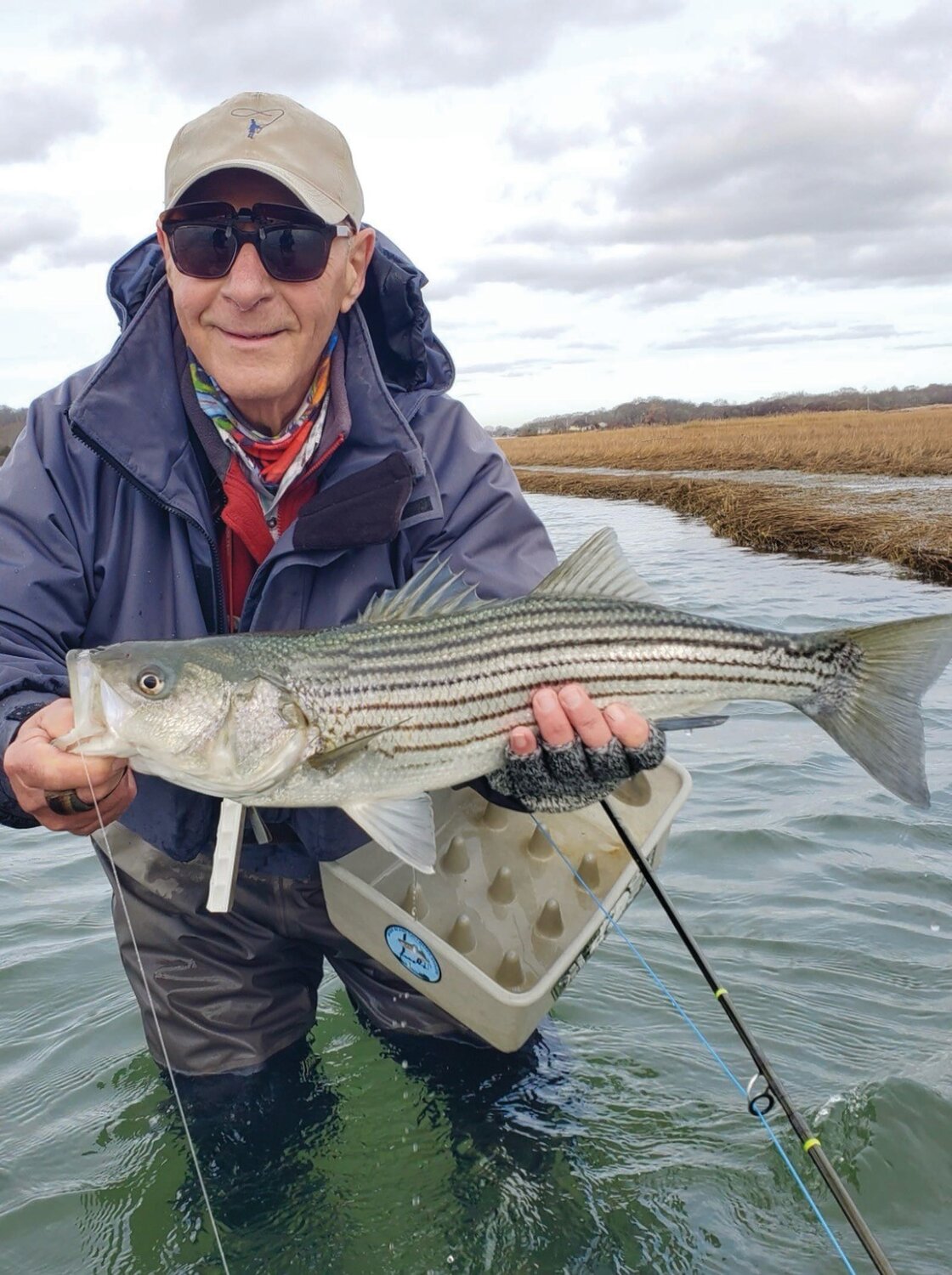 FLY FISHING: Ed Lombardo with a striped bass caught fly fishing on Narrow River Sunday. Ed said, “The water was crystal clear.”